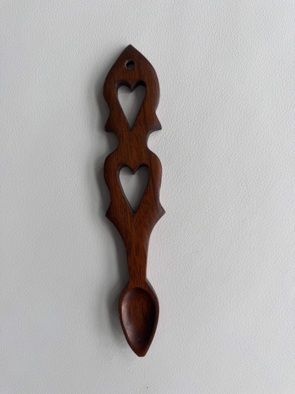 Traditional Welsh Hand Carved Wooden Love Spoon with Heart Cutouts. 8.5”.